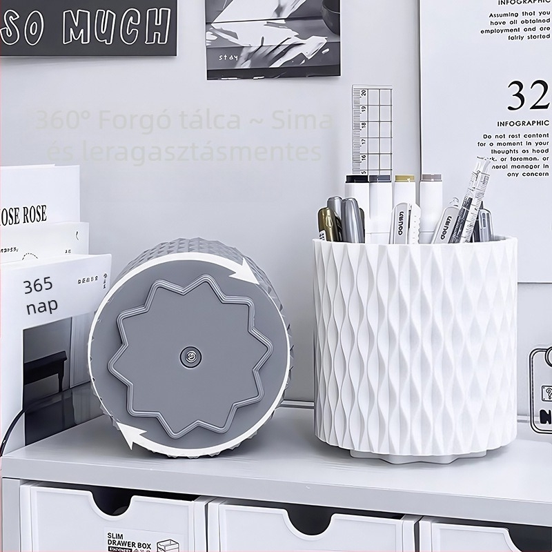 Forgó tolltartó — 360° forgatás, íróasztali rendező irodai kellékek és kozmetikumok számára, műanyag kerek dizájn, Qinfeng