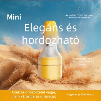 Orrszálvágó mágneses töltéssel, levehető és mosogatható pengefej, beépített akkumulátor 100–300 mAh, vízben mosható