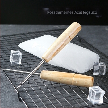 Jégkészítő eszköz rozsdamentes acél fejjel és tölgyfa nyéllel; bárjég-zúzó eszköz jég aprításához és a fagyasztó kiolvasztásához