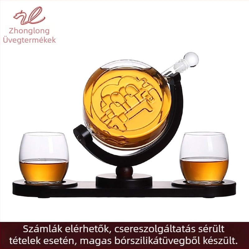 Forgó üveg bor dekanter pohártartóval – 4 részes modern boros készlet (borospalack, pohártartó, pohár)