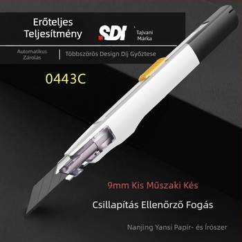 Művészeti kés anti‑rezgés rögzítővel és automatikus zárással, 30° éles szög – modell 0443C, penge ötvözött acél 0.4×9×75 mm, nettó tömeg 0.07 kg