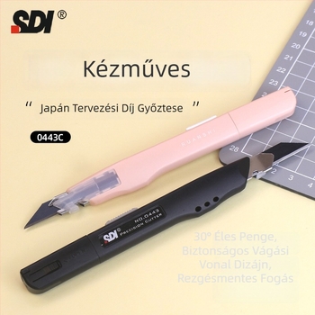 Művészeti kés anti‑rezgés rögzítővel és automatikus zárással, 30° éles szög – modell 0443C, penge ötvözött acél 0.4×9×75 mm, nettó tömeg 0.07 kg