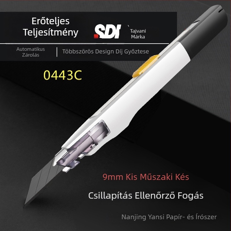 Művészeti kés anti‑rezgés rögzítővel és automatikus zárással, 30° éles szög – modell 0443C, penge ötvözött acél 0.4×9×75 mm, nettó tömeg 0.07 kg