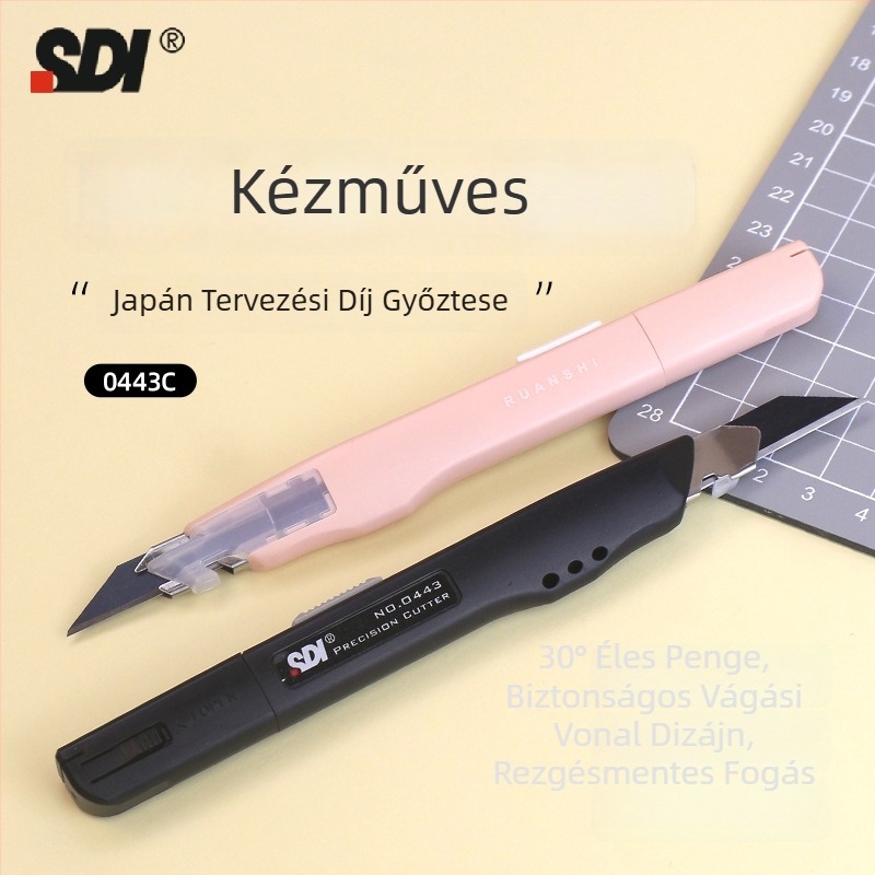 Művészeti kés anti‑rezgés rögzítővel és automatikus zárással, 30° éles szög – modell 0443C, penge ötvözött acél 0.4×9×75 mm, nettó tömeg 0.07 kg