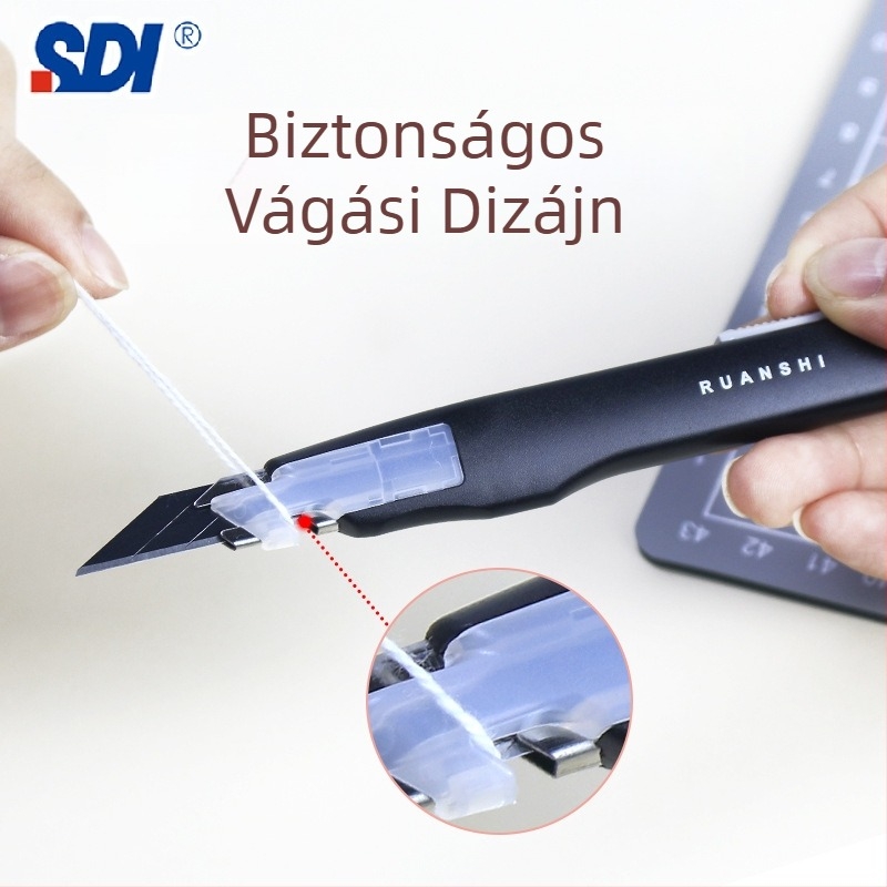 Művészeti kés anti‑rezgés rögzítővel és automatikus zárással, 30° éles szög – modell 0443C, penge ötvözött acél 0.4×9×75 mm, nettó tömeg 0.07 kg