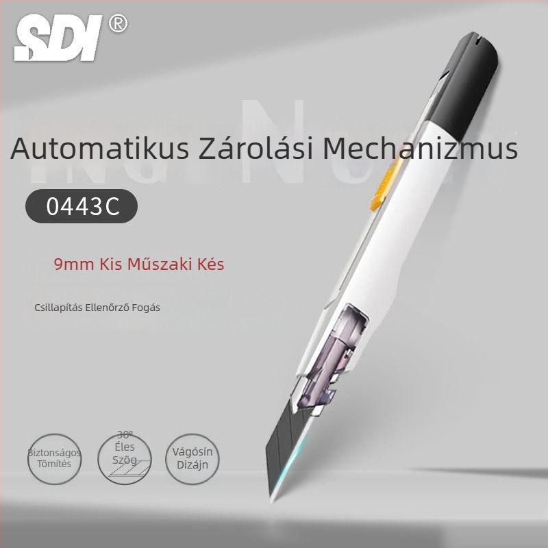 Művészeti kés anti‑rezgés rögzítővel és automatikus zárással, 30° éles szög – modell 0443C, penge ötvözött acél 0.4×9×75 mm, nettó tömeg 0.07 kg