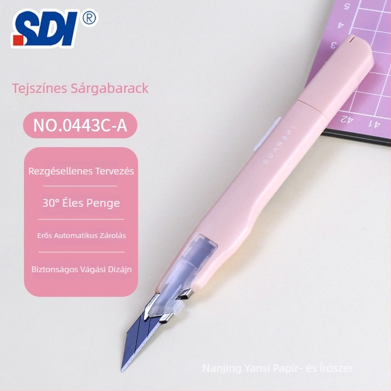 Művészeti kés anti‑rezgés rögzítővel és automatikus zárással, 30° éles szög – modell 0443C, penge ötvözött acél 0.4×9×75 mm, nettó tömeg 0.07 kg