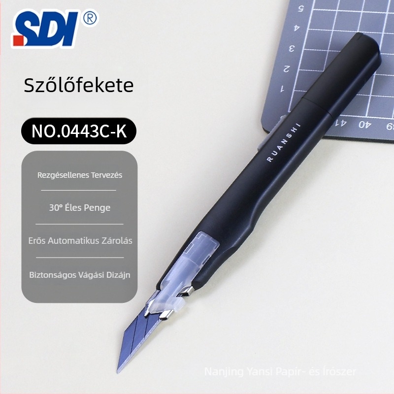Művészeti kés anti‑rezgés rögzítővel és automatikus zárással, 30° éles szög – modell 0443C, penge ötvözött acél 0.4×9×75 mm, nettó tömeg 0.07 kg