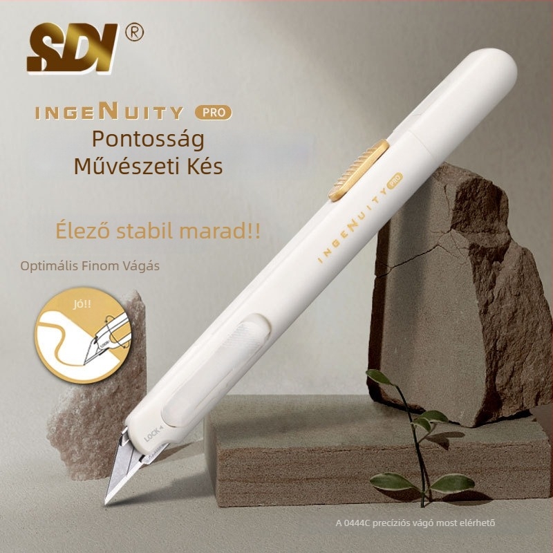 Művészeti kés anti‑rezgés rögzítővel és automatikus zárással, 30° éles szög – modell 0443C, penge ötvözött acél 0.4×9×75 mm, nettó tömeg 0.07 kg