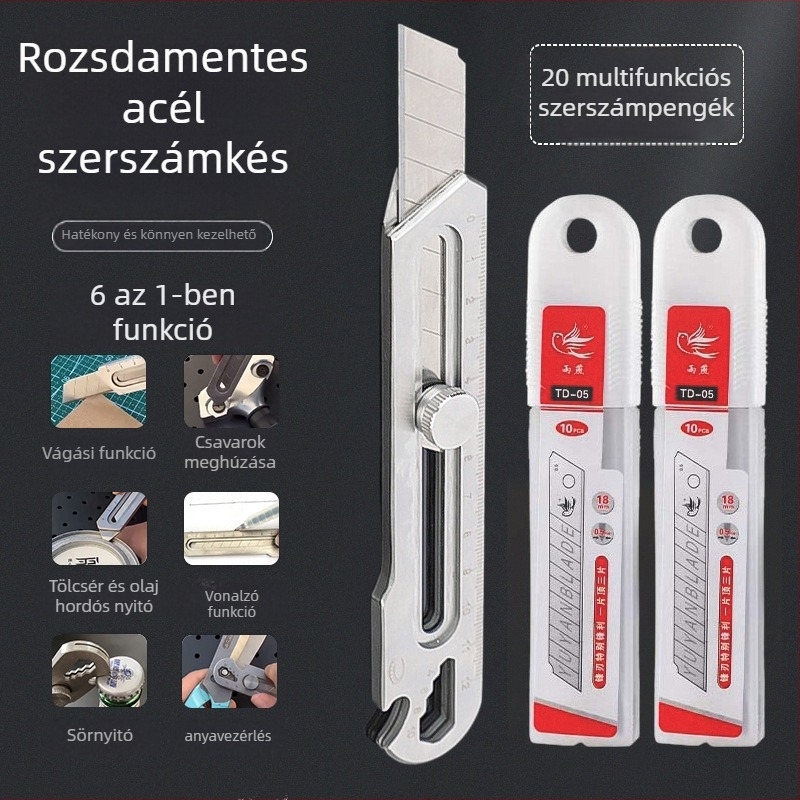 Hat‑in‑one rozsdamentes acél vágó kés tapétázáshoz, erős, vastabb penge, 0.5×18×100 mm