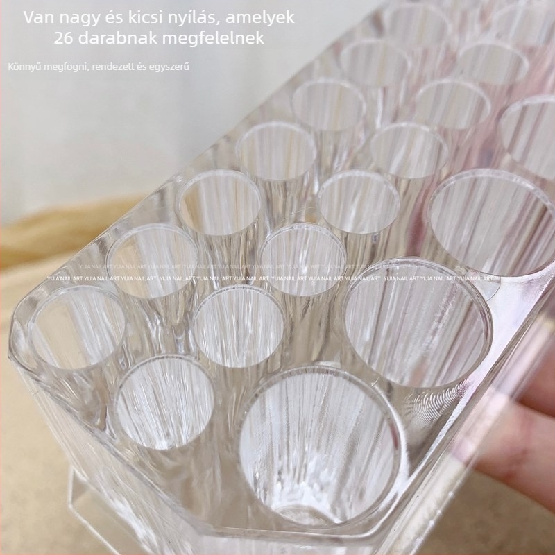 26‑lyukas manikűr tolltartó, átlátszó akrilból, fém védő sapkával