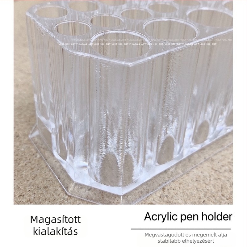 26‑lyukas manikűr tolltartó, átlátszó akrilból, fém védő sapkával
