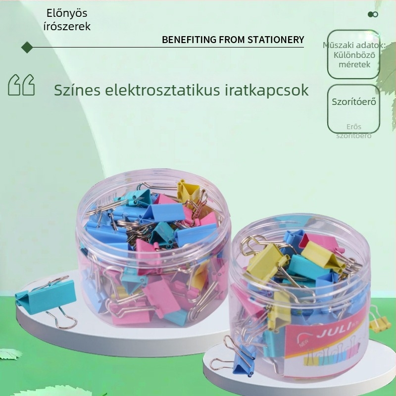 Színes fém iratcsipeszek elektroforézishoz, tubus csomagolásban, méretek 15/19/25/32/41/51 mm, irodai használatra