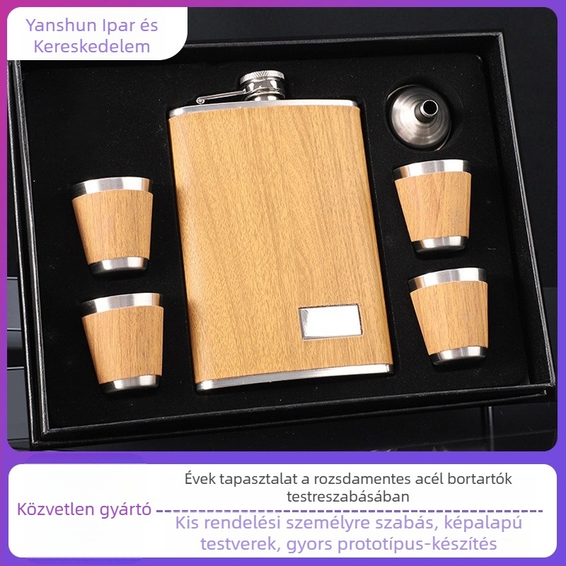 Rozsdamentes acélból készült férfiaknak szóló kültéri hordozható hipflaska — készlet boros pohárral és tölcsérrel
