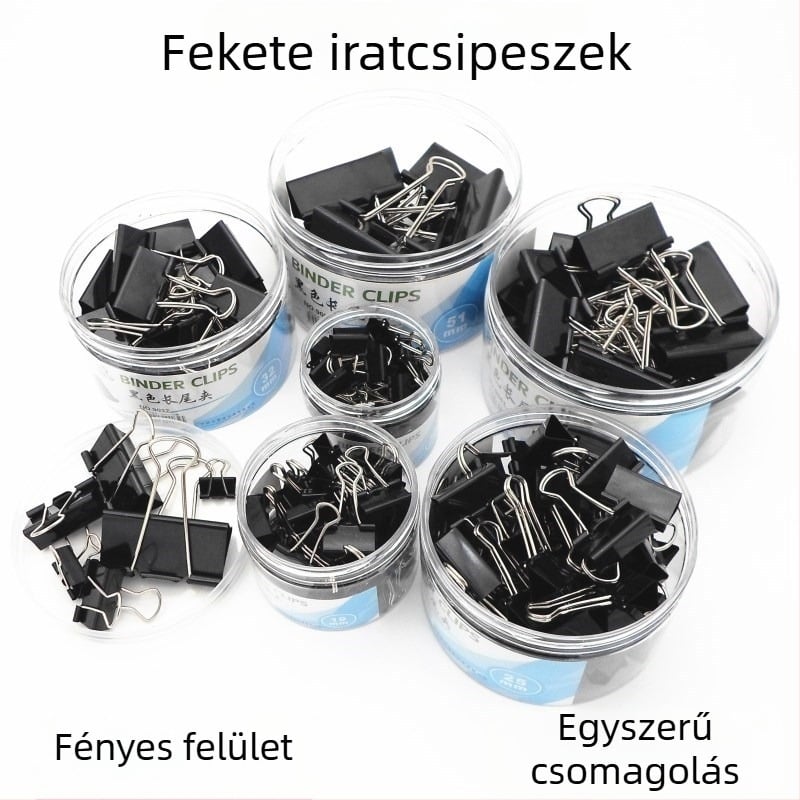 Fekete színű fém irattartó klipsz, hosszú farkú kivitelben