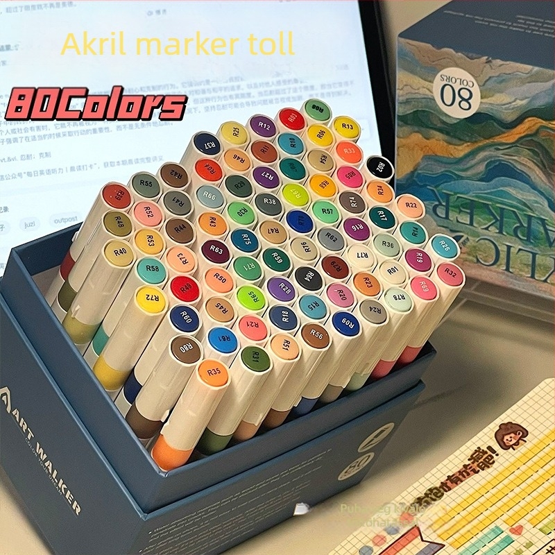 Akril marker készlet puha heggyel, nagy kapacitású, ajándékdobozos, vízálló és foltmentes, 80 szín.