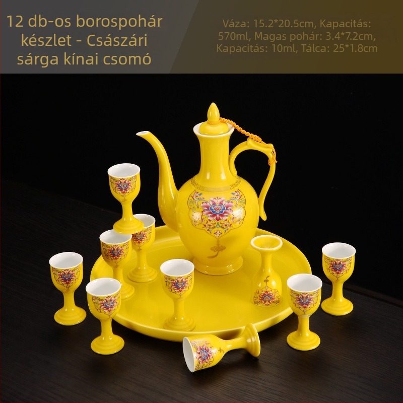 Porcelán boros készlet, 12 darabos, tartalmaz egy boros kancsót és egy adagolót