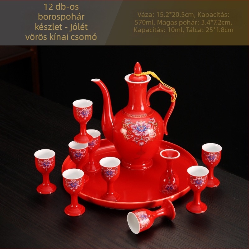 Porcelán boros készlet, 12 darabos, tartalmaz egy boros kancsót és egy adagolót