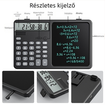 2-az-1-ben írási táblagép kalkulátorral, hangfunkcióval, 12 számjegy kijelző, kettős energiaellátás, műanyag ház