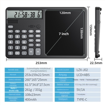 2-az-1-ben írási táblagép kalkulátorral, hangfunkcióval, 12 számjegy kijelző, kettős energiaellátás, műanyag ház