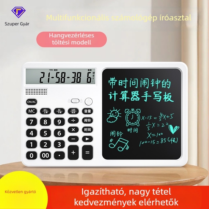 2-az-1-ben írási táblagép kalkulátorral, hangfunkcióval, 12 számjegy kijelző, kettős energiaellátás, műanyag ház