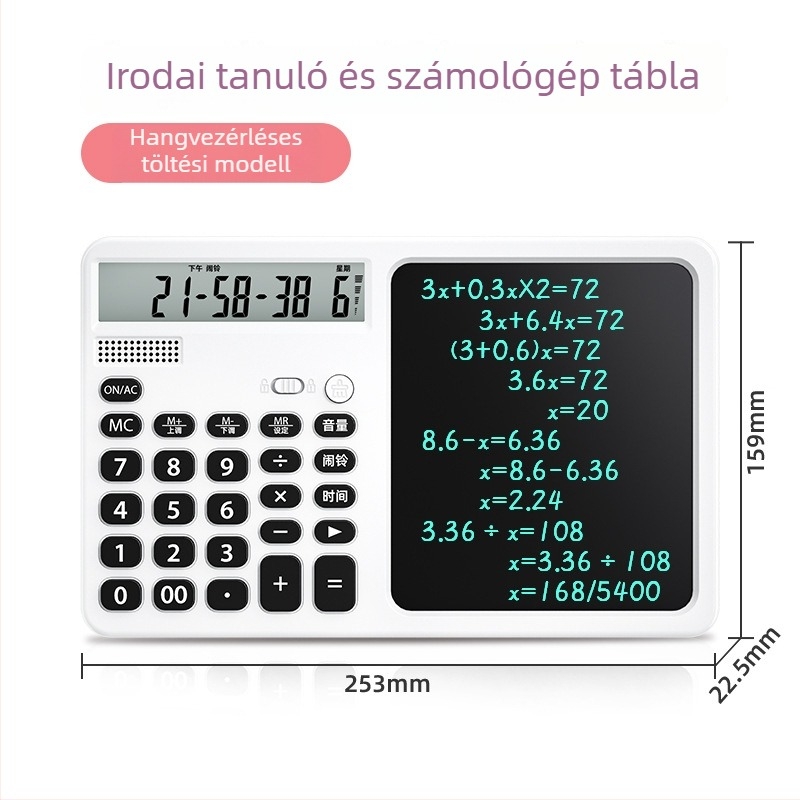 2-az-1-ben írási táblagép kalkulátorral, hangfunkcióval, 12 számjegy kijelző, kettős energiaellátás, műanyag ház