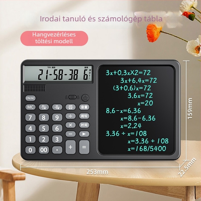 2-az-1-ben írási táblagép kalkulátorral, hangfunkcióval, 12 számjegy kijelző, kettős energiaellátás, műanyag ház