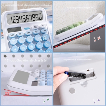 Magic Music napelemes számológép, 12–jegyű kijelző, hordozható, kettős tápegység, műanyag