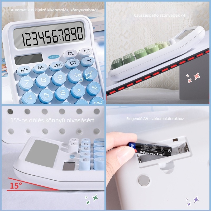 Magic Music napelemes számológép, 12–jegyű kijelző, hordozható, kettős tápegység, műanyag