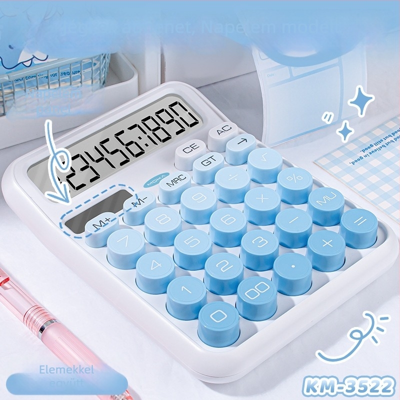 Magic Music napelemes számológép, 12–jegyű kijelző, hordozható, kettős tápegység, műanyag