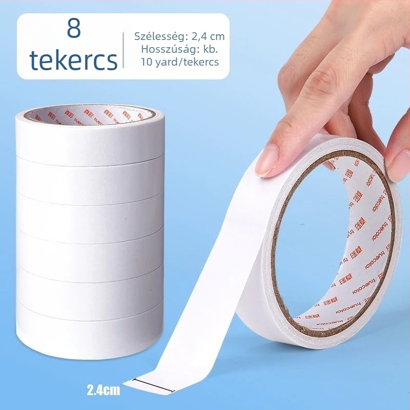 Kétoldalas ragasztószalag, fehér, átlátszó, erős rögzítés nyom nélkül, pamutpapír alapú háttérrel, gyerekek kézműves projektjeihez