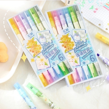 Huilin virágillatú dupla végű kiemelő toll, 6 darab készlet, modell 529, műanyag ház, PET dobozos csomagolás, logó nyomtatása elérhető, testreszabható