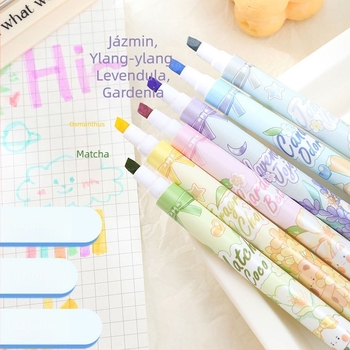 Huilin virágillatú dupla végű kiemelő toll, 6 darab készlet, modell 529, műanyag ház, PET dobozos csomagolás, logó nyomtatása elérhető, testreszabható