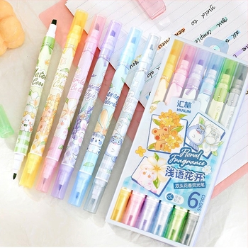 Huilin virágillatú dupla végű kiemelő toll, 6 darab készlet, modell 529, műanyag ház, PET dobozos csomagolás, logó nyomtatása elérhető, testreszabható