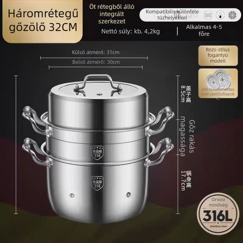 316L rozsdamentes acél gőzölő, nagy kapacitású, többszintes kialakítás, két szintes, élelmiszer-minőségű
