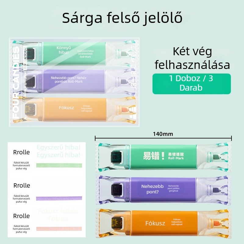 Kétoldalas kiemelő filc általános iskolások számára, műanyag ház, 3 db/csomag, modell Fcd7102a-gl-3, lapos fej