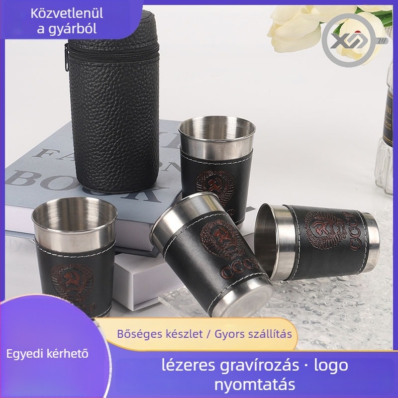 Rozsdamentes acél spirit pohár készlet bőrtokkal és logóval, kapacitás 101–200 ml, könnyű luxus és retro stílus