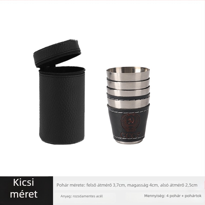 Rozsdamentes acél spirit pohár készlet bőrtokkal és logóval, kapacitás 101–200 ml, könnyű luxus és retro stílus