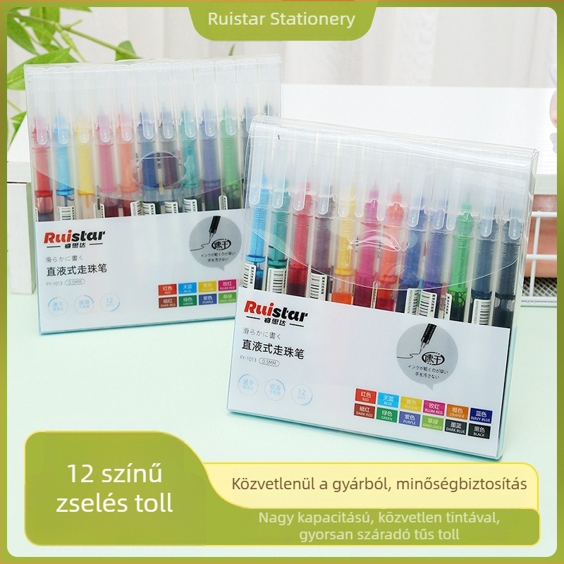 Ruisida 12 színű golyóstoll, nagy kapacitású, közvetlen folyékony tinta tűhegyes kialakítással, irodába és diákoknak, gyorsan száradó tinta