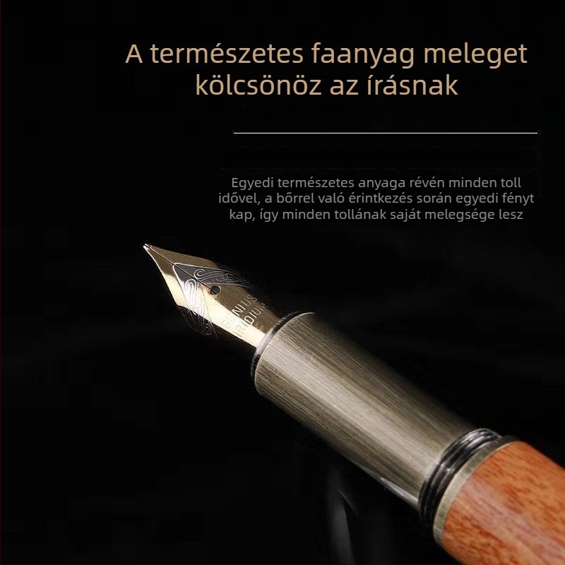 Vintage tömörfa töltőtoll bronz aláírás klipekkel, vörös sandalfa és díszfa, üzleti ajándék logóval