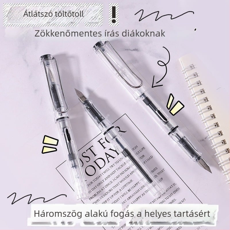 Átlátszó töltőtoll műanyag tokkal, heg rozsdamentes acél, EF hegy, tintaellátó rendszer zsák/abszorber, modell: átlátszó toll