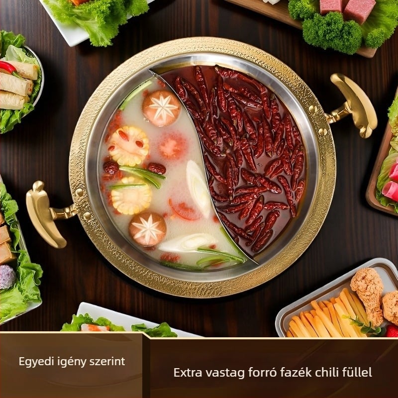 Éttermi használatra készült rozsdamentes acél hot pot, kompatibil indukciós főzőlapokkal, többrétegű aljzat, kapacitás 2,1–10 L, tömeg körülbelül 2 kg