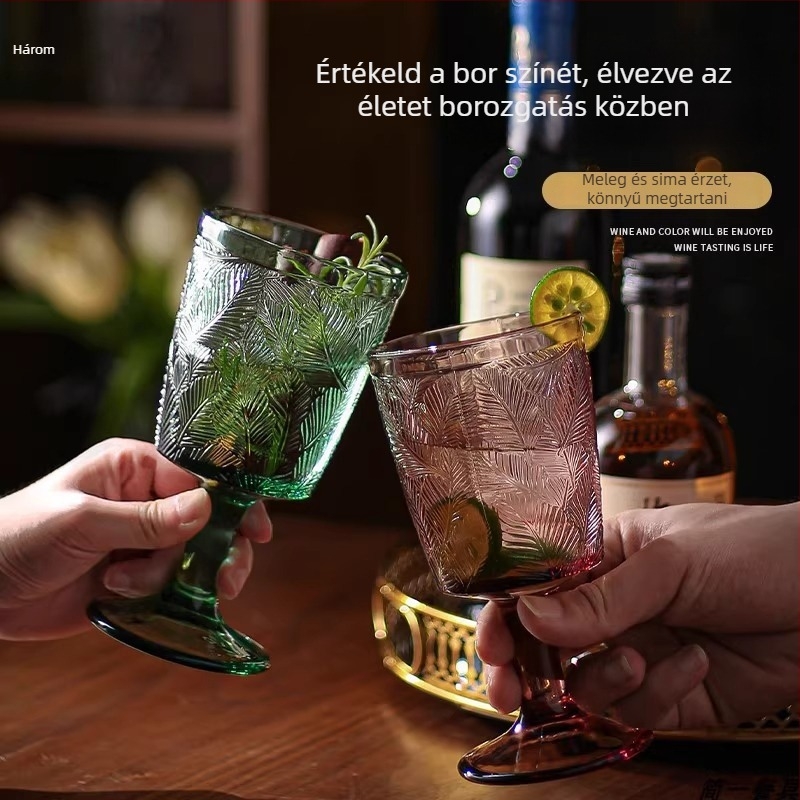 Vörösboros pohár, üveg, 301–400 ml kapacitás, bohem stílusú és fényűző retro dizájn, logó nyomtatás lehetséges, csomagolás papírdobozban
