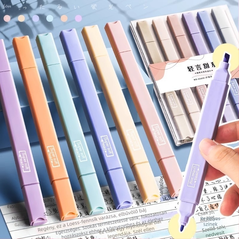 Kétnyelű kiemelő toll, hat darabos készlet, négyszögletes végével, műanyag burkolattal, WD-0566A Salt Series modell, diákoknak