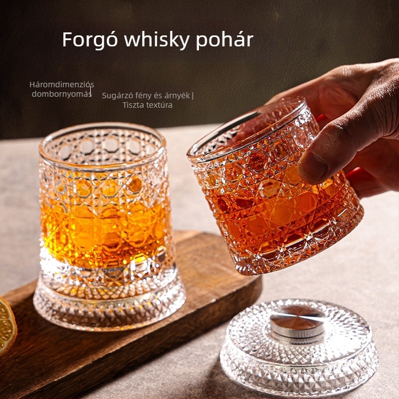 Forgó üvegpohár Whiskyhez állvánnyal, 201–300 ml, gravírozott díszítés, stabil, nem borul fel
