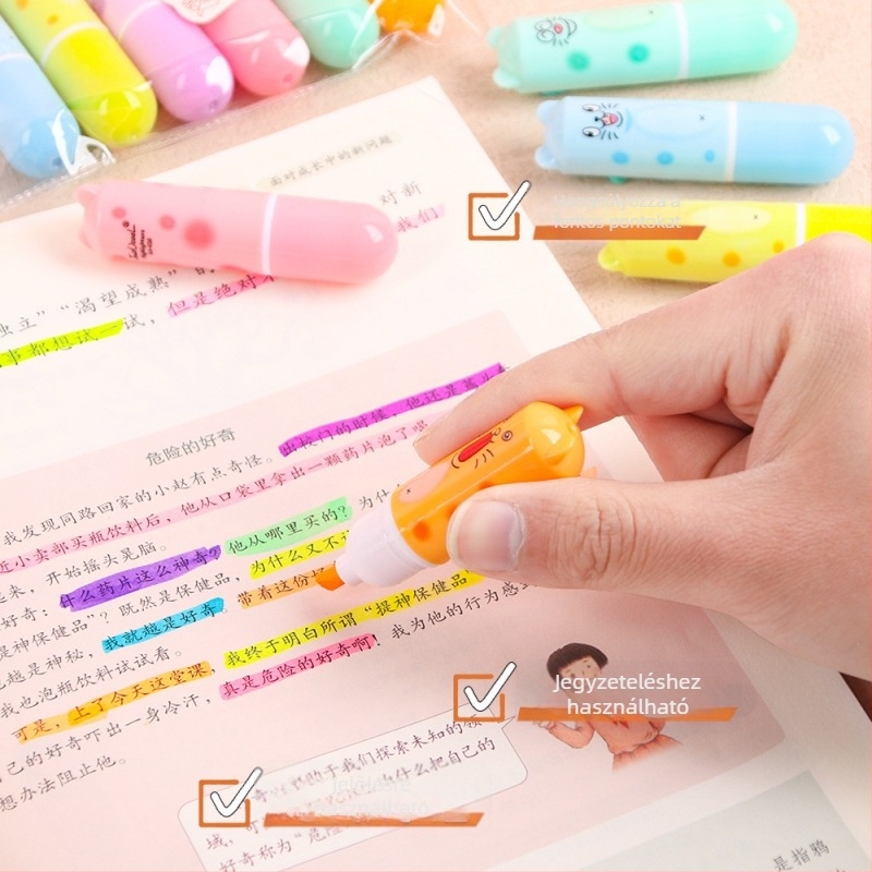 Macskás kiemelő toll, műanyag test, ferde fej, 6 db/csomag, modell Cat highlighter-028
