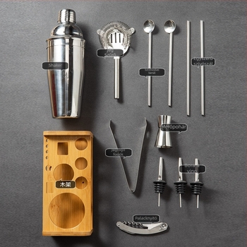 Rozsdamentes acél koktél shaker készlet nyomtatott logóval, 13 részes készlet, 10 alkatrész