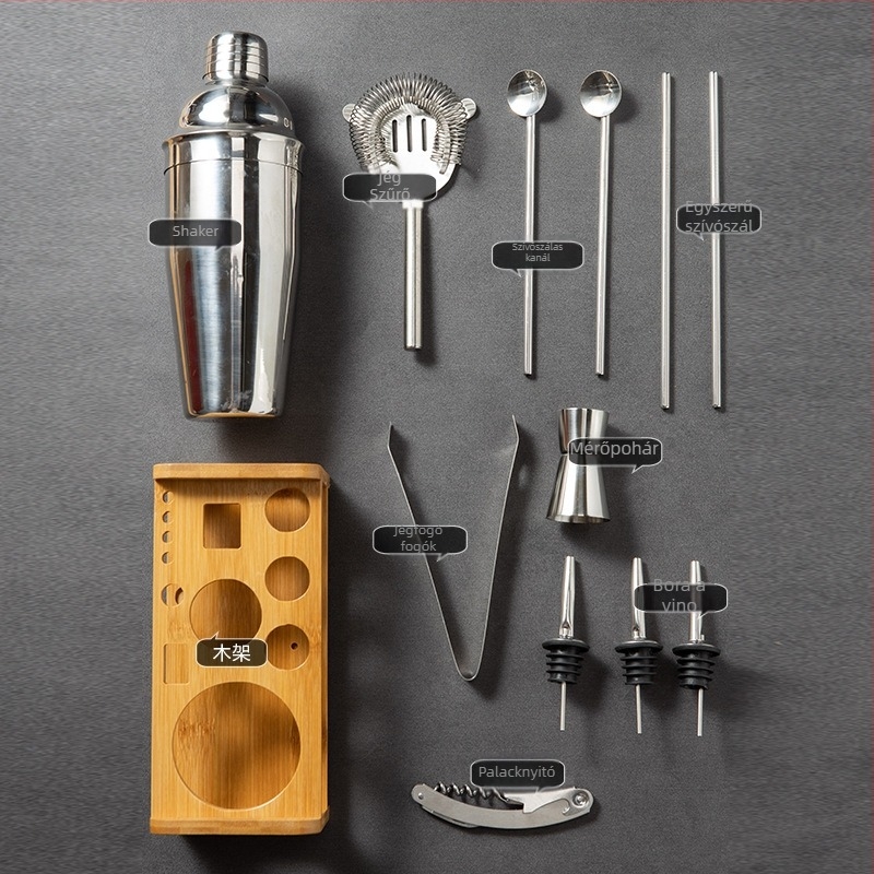 Rozsdamentes acél koktél shaker készlet nyomtatott logóval, 13 részes készlet, 10 alkatrész
