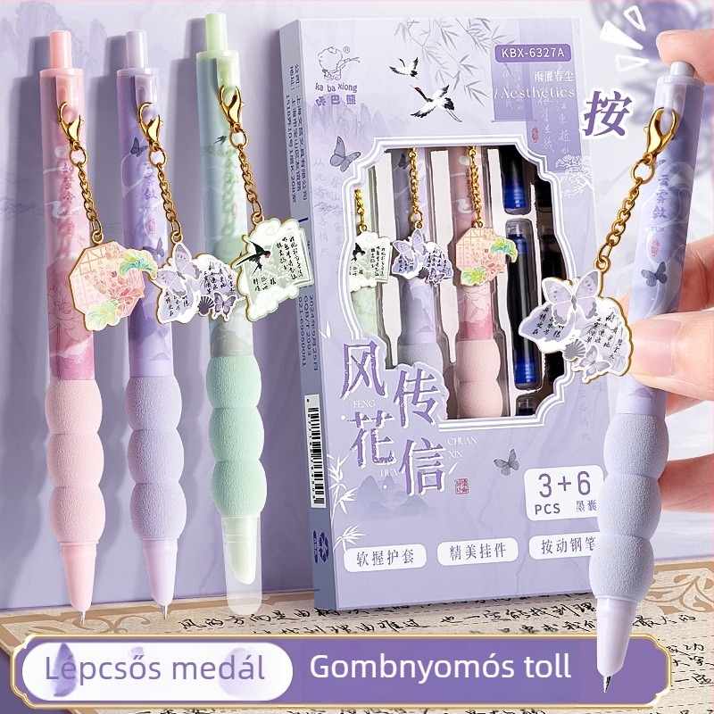 Kaba Bear kínai stílusú medálos töltőtoll puha markolattal, cserélhető tintatartály, rozsdamentes acél hegy, modell Kbx-6327, műanyag test