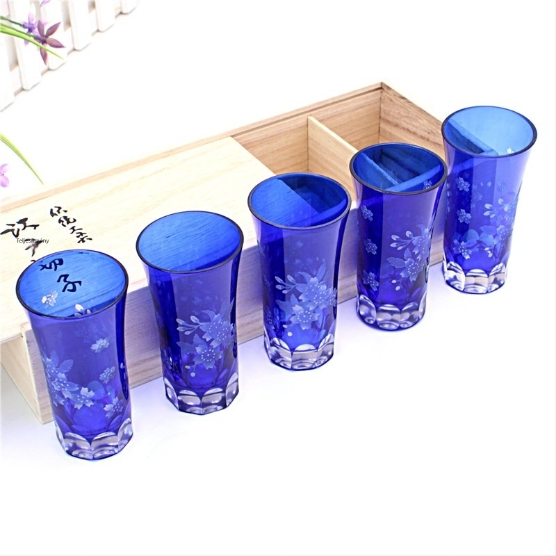 Japán stílusú boros pohár, üvegből, kézzel faragott Edo Kiriko minta, 5 darabos készlet